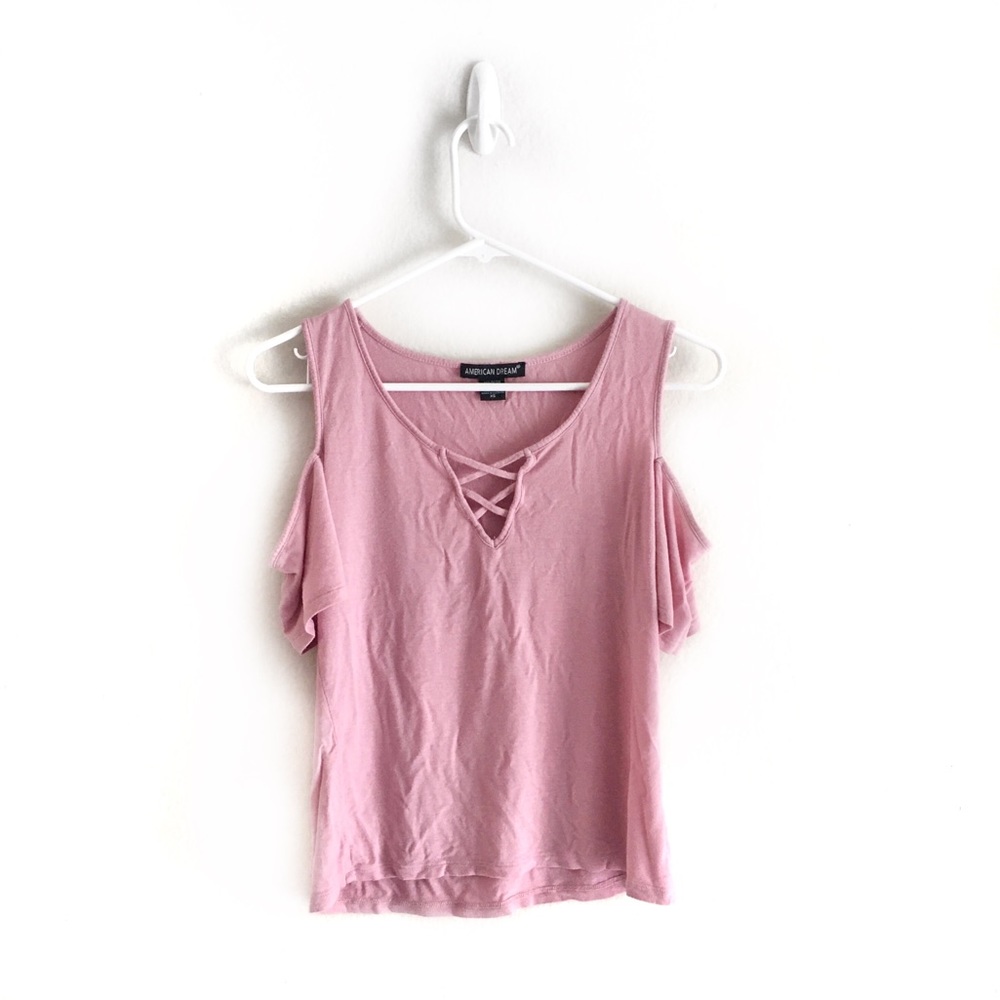 ⭐️5 for $25⭐️ American Drew Pink Criss Cross V-Neck Cold Shoulder Top